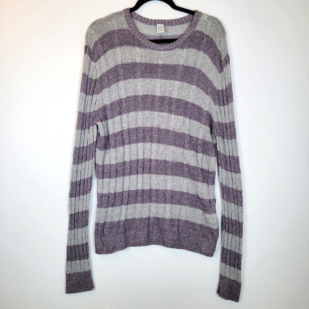 Eleventy Mens Striped Linen Cotton Cable Knit Sweater Size XL Gray Preppy